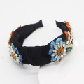 Crystal Flower Wide Embroidery Designer Headband Luxury Hair Accessories Vingtage Retro  Hand-woven Fabric Hairband Party Feast